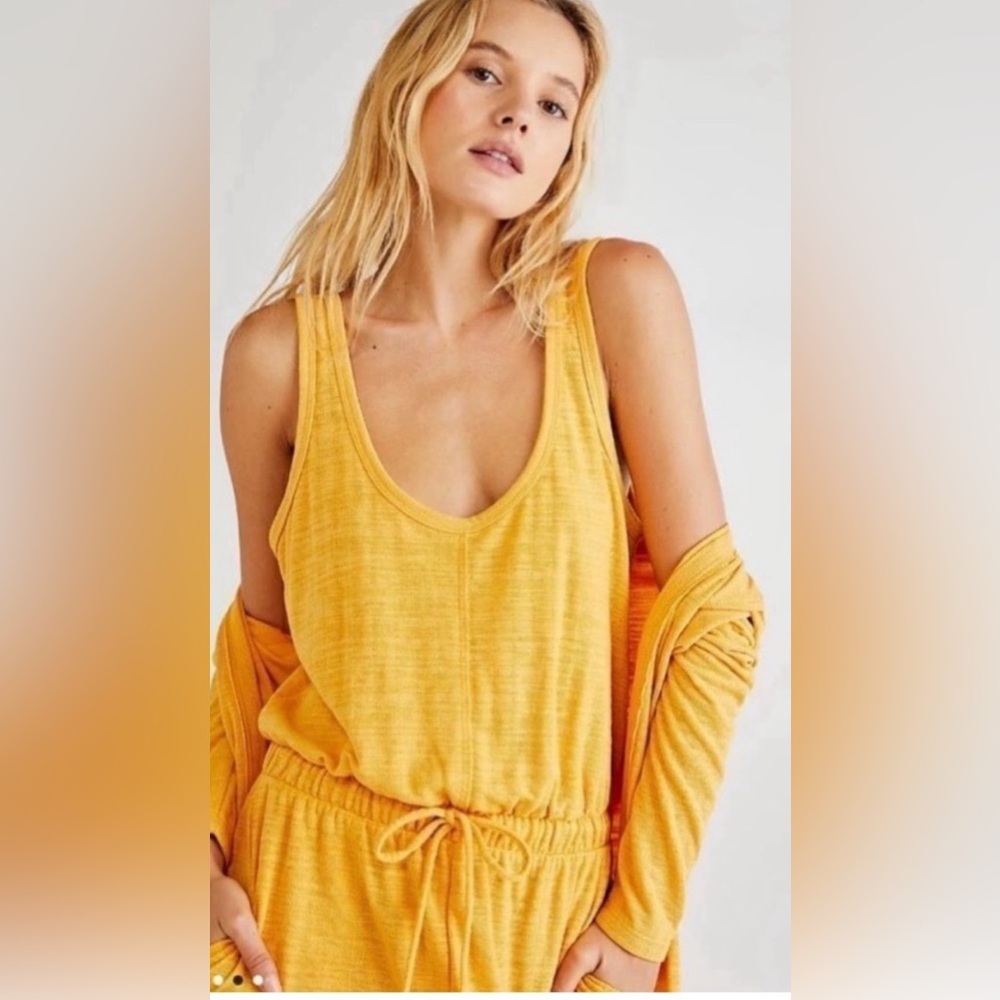 Free People Beach Bicoastal Jumpsuit Women's Yellow Drawstring Lounge sz XS - Picture 12 of 13